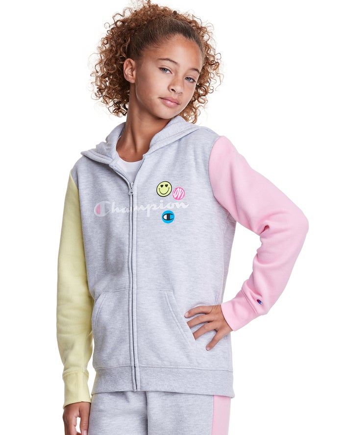 Champion Hoodie Meisjes - Grijs/Blauw/Roze - Colorblock Fleece Full Zip Smiley Face ( 763902-HVD )